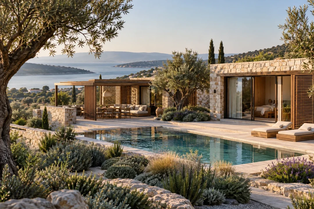 Urla villa konseptinde taş duvar, ahşap gölgelik ve bahçe