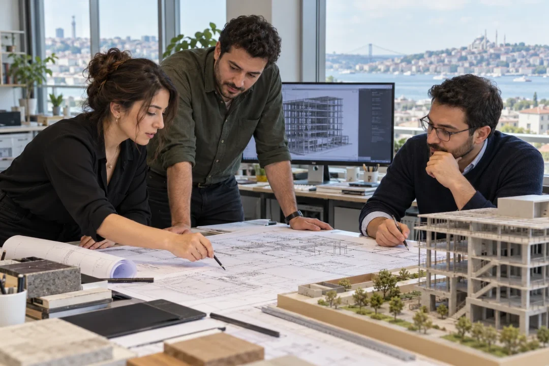 Proje çizimleri ve maket etrafında teknik koordinasyon — temsili kişiler ve görsel