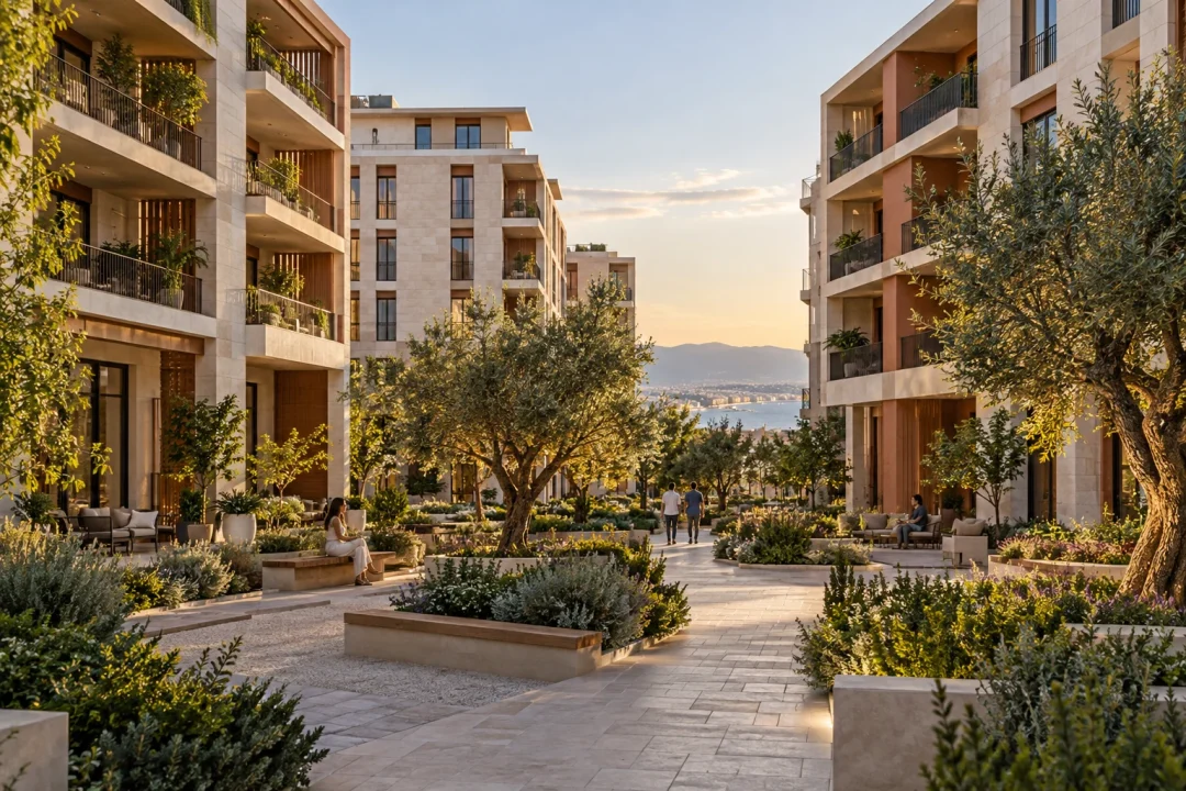 İzmir konut konseptinde peyzajlı avlu ve balkonlu yapılar
